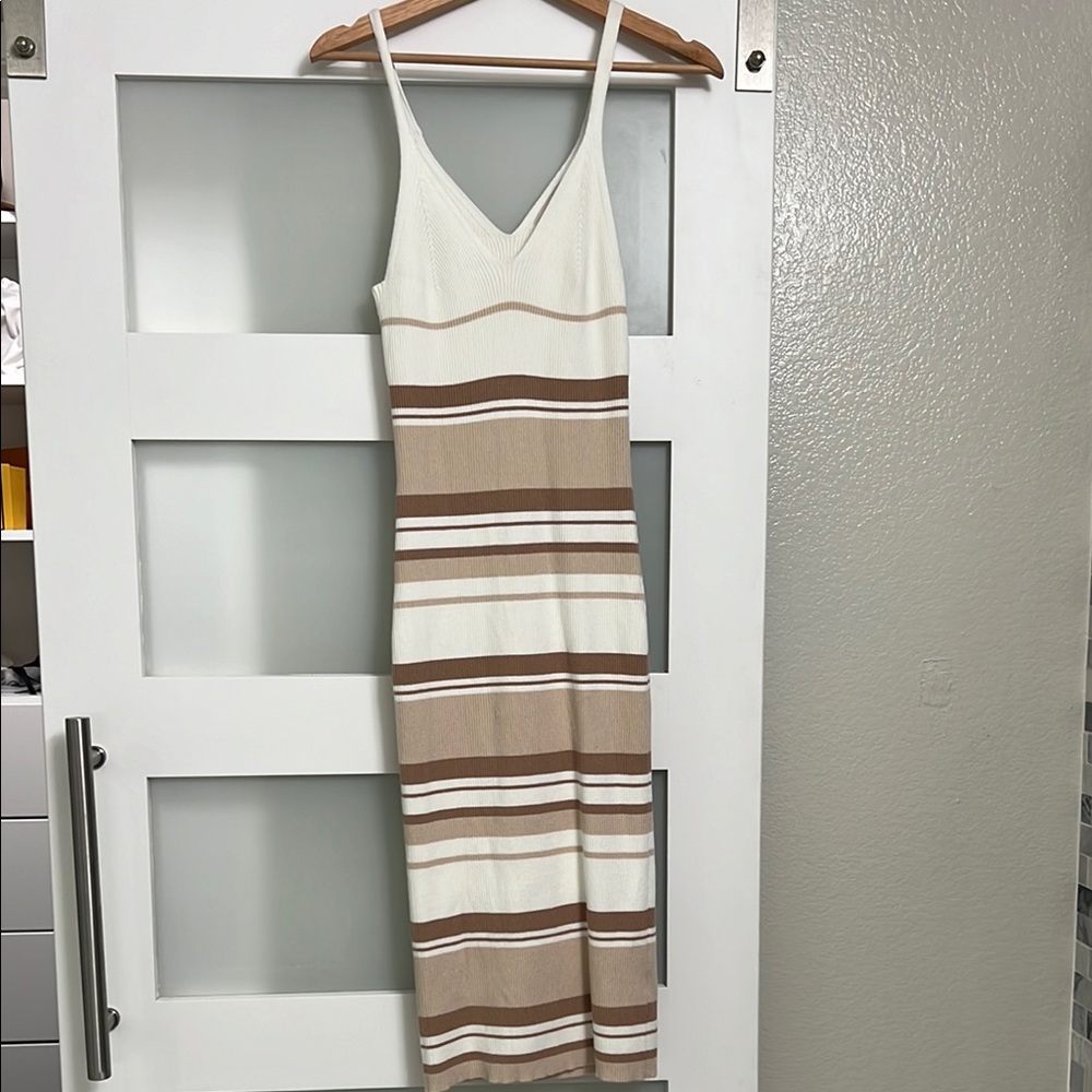 Elegant Beige and White Striped Dress